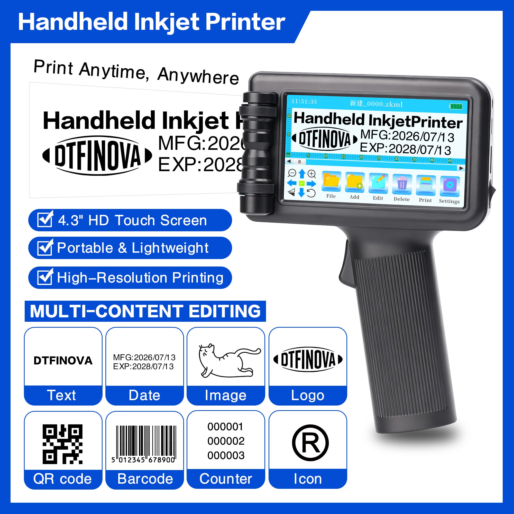 Handheld Inkjet Printer Portable Date Coder Batch Number QR Barcode for Cardboard, Plastic, Metal, Wood,Solvent fast-dry ink  Touch Screen, Rechargeable Battery