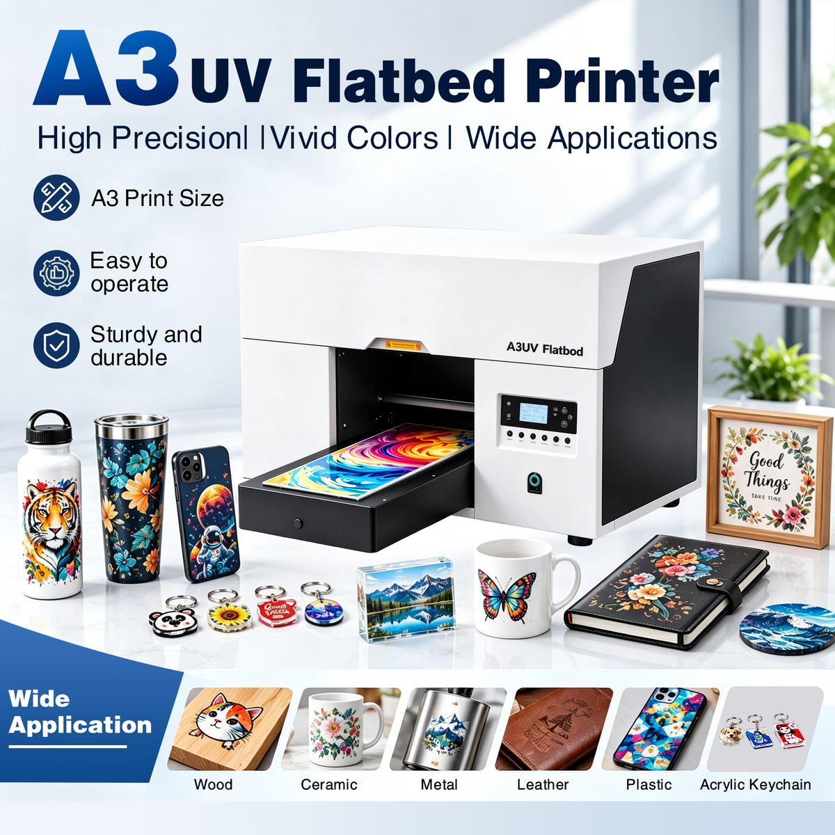 A3 UV Flatbed Roll to Roll DTF Printer All in One with Laminator, UV Sticker Crystal Label PET Film Transfer Machine, Multi Color, Auto Drying, for Phone Case Acrylic