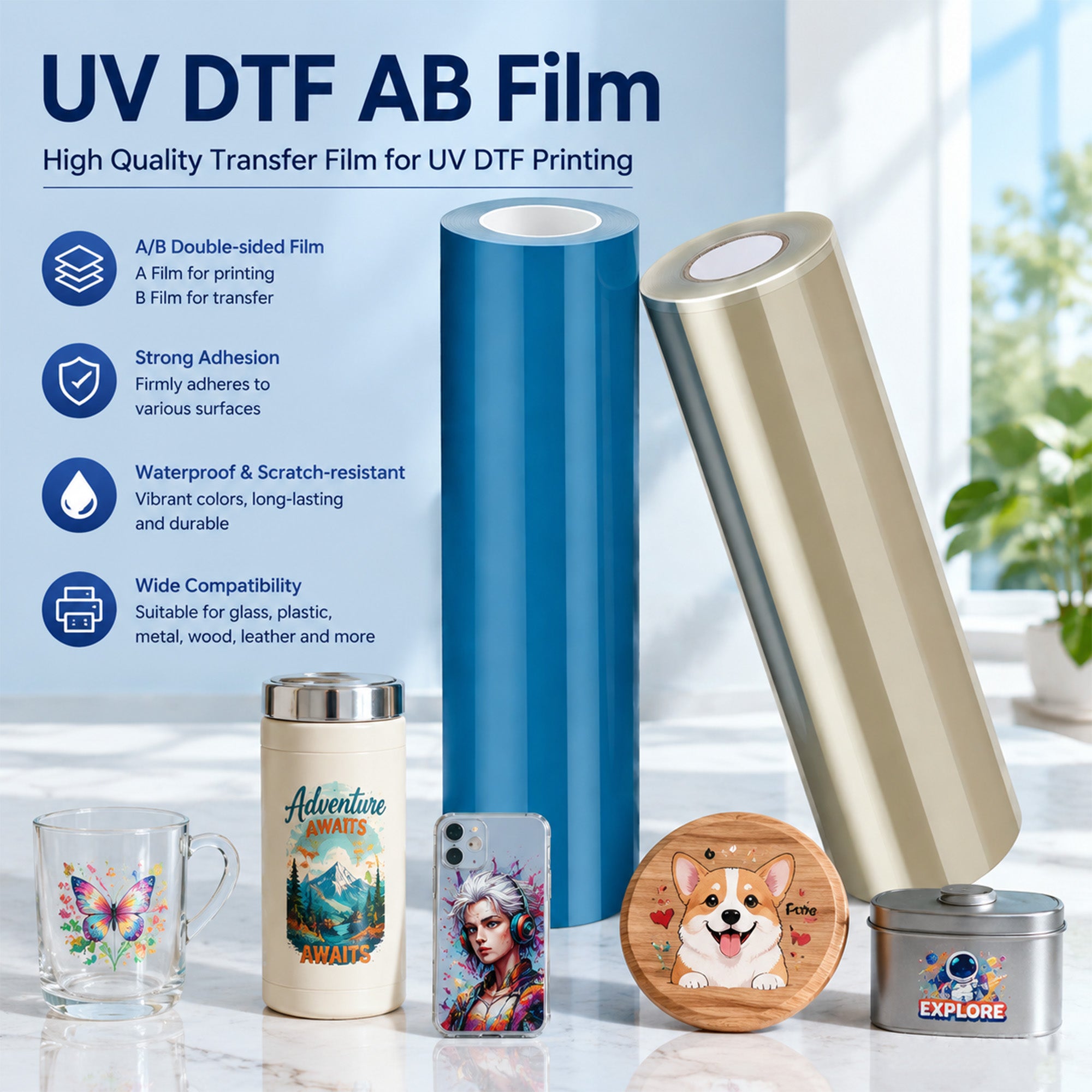 Premium UV DTF Film A and B for Custom Transfers | Waterproof & Scratch-Resistant UV AB Film for Sublimation, DIY Mugs, Glass, and Hard Surfaces | High-Gloss, Easy Peel Transfer Film