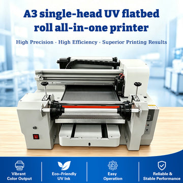 A3 UV Printer Flatbed & Roll-to-Roll All-in-One Desktop UV LED Hybrid Printer for Phone Cases, Acrylic, Glass, Leather, and Roll Materials CMYK+White+Varnish