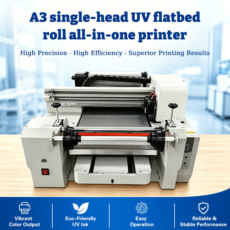 A3 UV Printer Flatbed & Roll-to-Roll All-in-One Desktop UV LED Hybrid Printer for Phone Cases, Acrylic, Glass, Leather, and Roll Materials CMYK+White+Varnish