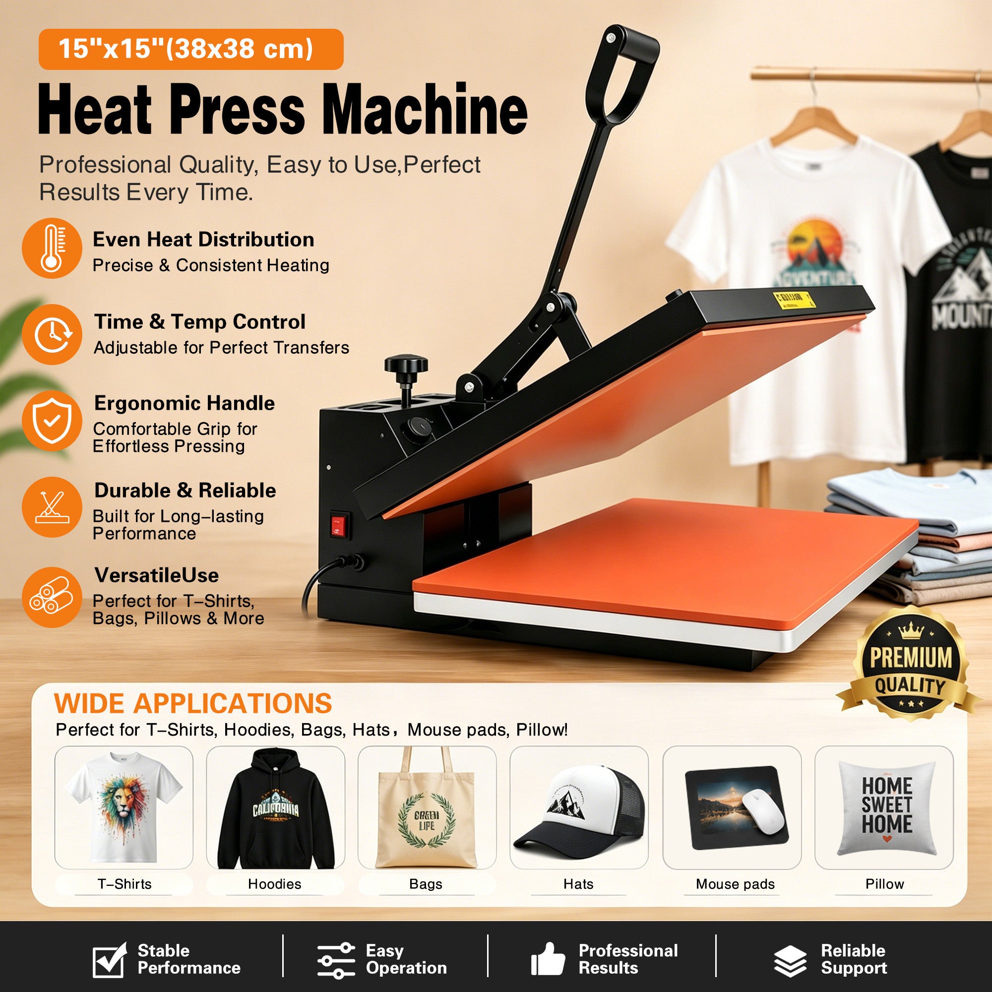 38x38 cm Manual T-Shirt Heat Press, Heavy Duty Industrial Sublimation Machine, Even Heat Distribution Press with Accurate Digital Control for Vinyl & HTV Crafting