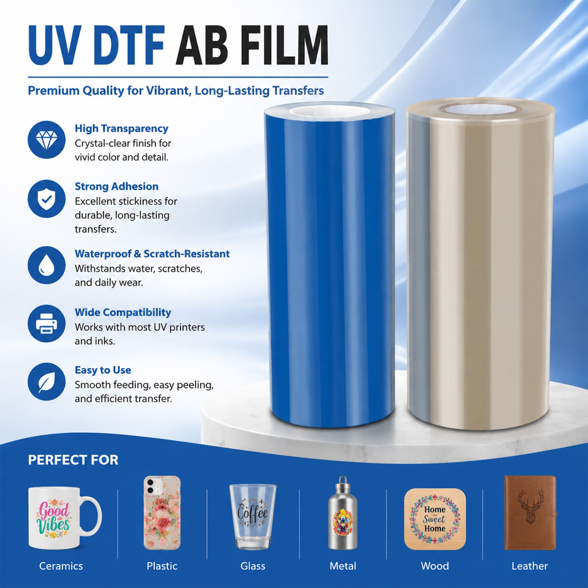 Premium 30cm UV DTF Film Roll A and B Set | 12 Inch A3 Width UV AB Transfer Film for Desktop UV Printers | Waterproof & 3D Glossy Custom Sticker Vinyl for Mugs, Glass, Ceramics, Hard Surfaces