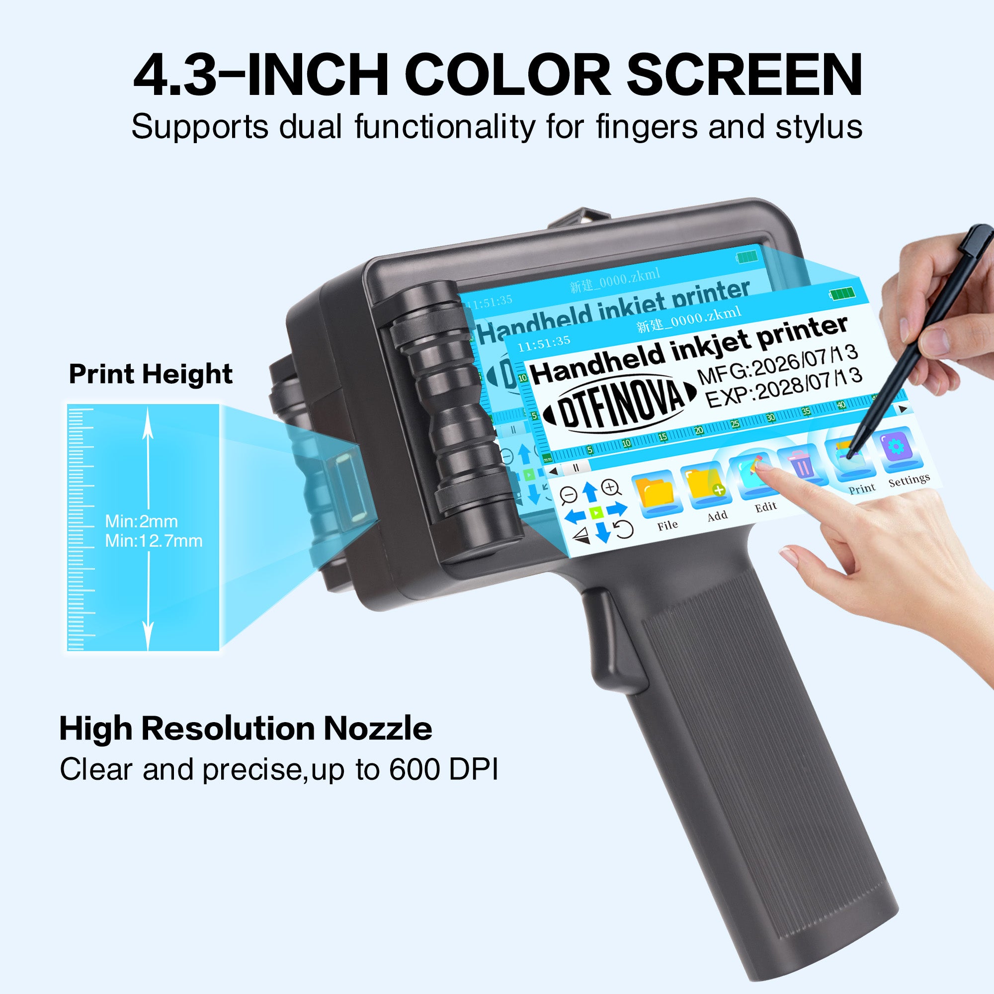 Handheld Inkjet Printer Portable Date Coder Batch Number QR Barcode for Cardboard, Plastic, Metal, Wood,Solvent fast-dry ink  Touch Screen, Rechargeable Battery