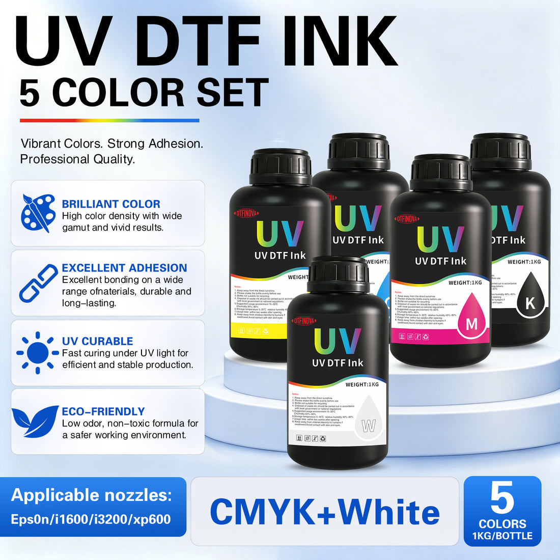 DFTINOVA Premium UV DTF Ink Set for UV Flatbed Printers, High-Density Vibrantly Colored UV Curable Ink for Direct-to-Film Printing,Waterproof & Fade-Resistant Ink for DIY Custom Transfer Stickers