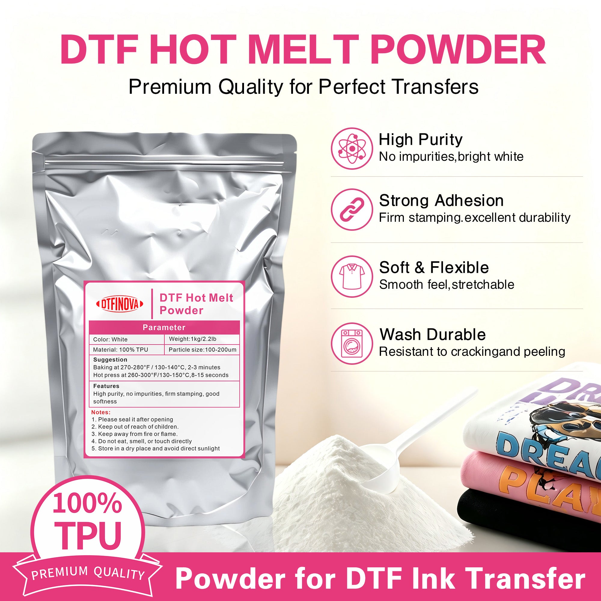 DTFinova DTF Hot Melt Powder for DTF Printer, Heat Transfer Powder for DIY T-Shirt Printing, Strong Bond & Stretchable Adhesive Powder.