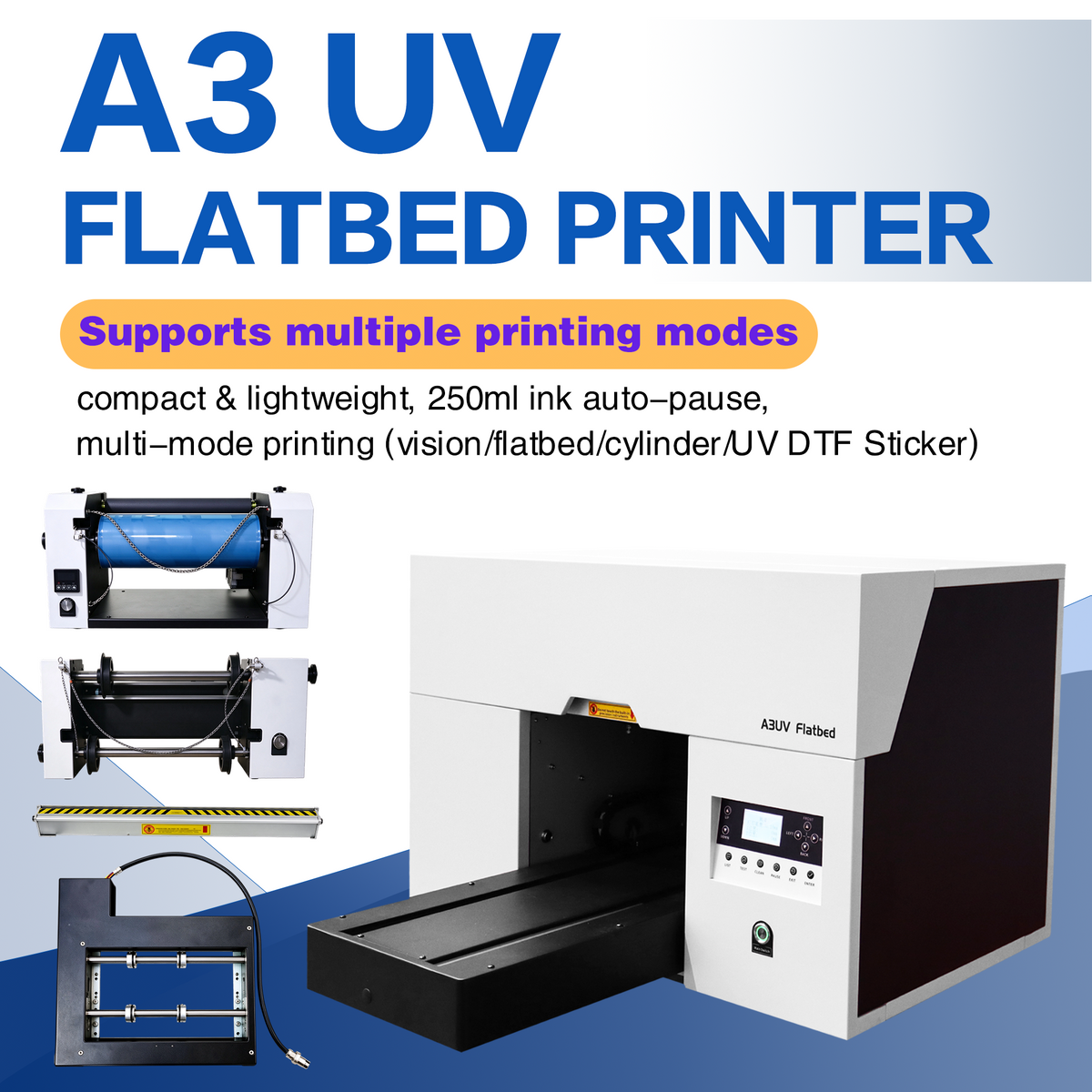 A3 UV Flatbed Roll to Roll DTF Printer All in One with Laminator, UV Sticker Crystal Label PET Film Transfer Machine, Multi Color, Auto Drying, for Phone Case Acrylic