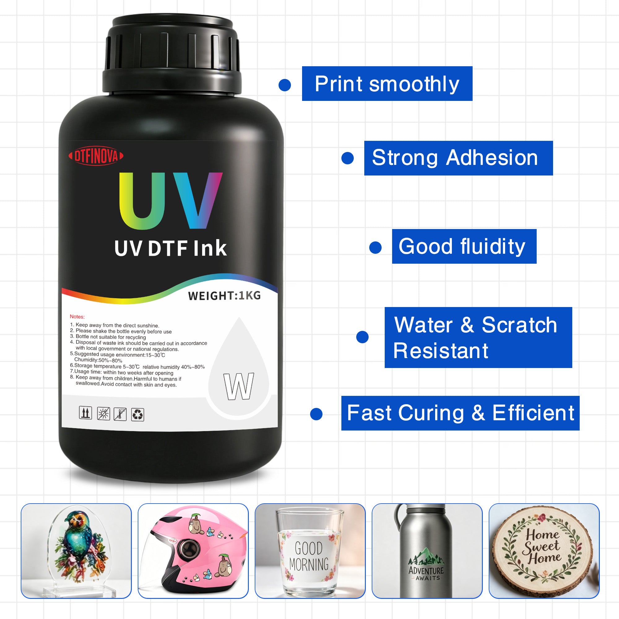 DFTINOVA Premium UV DTF Ink Set for UV Flatbed Printers, High-Density Vibrantly Colored UV Curable Ink for Direct-to-Film Printing,Waterproof & Fade-Resistant Ink for DIY Custom Transfer Stickers
