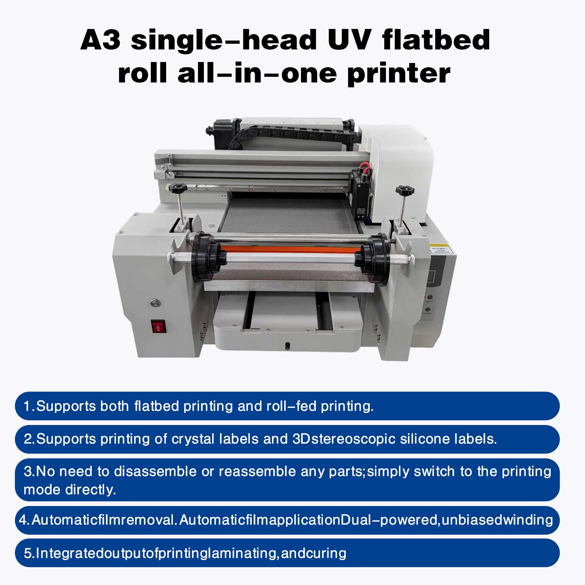 A3 UV Printer Flatbed & Roll-to-Roll All-in-One Desktop UV LED Hybrid Printer for Phone Cases, Acrylic, Glass, Leather, and Roll Materials CMYK+White+Varnish