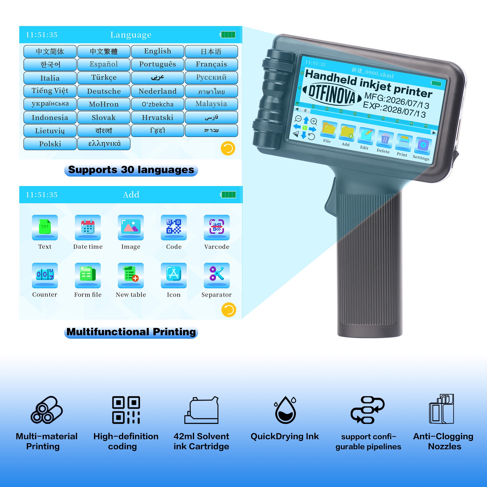 Handheld Inkjet Printer Portable Date Coder Batch Number QR Barcode for Cardboard, Plastic, Metal, Wood,Solvent fast-dry ink  Touch Screen, Rechargeable Battery