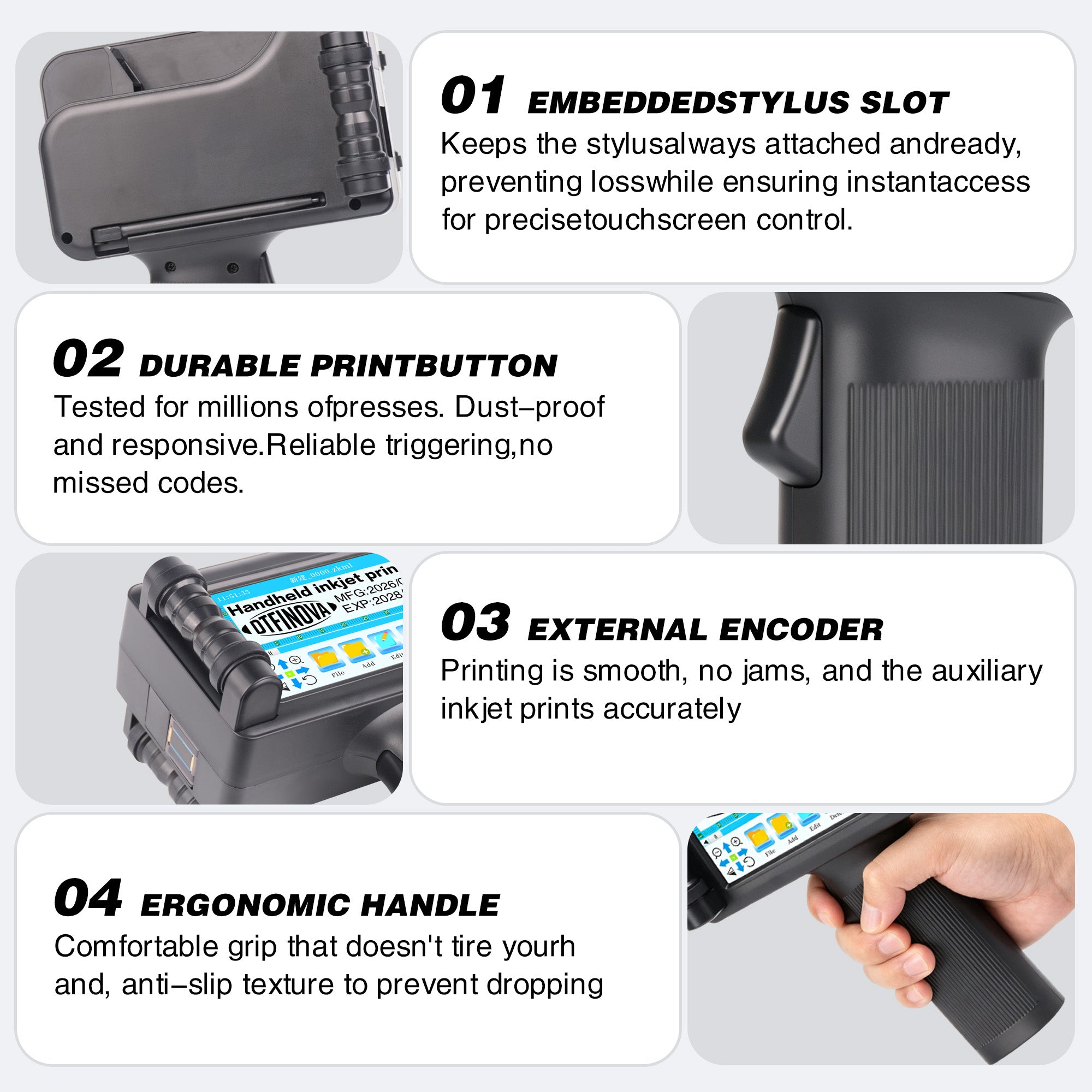 Handheld Inkjet Printer Portable Date Coder Batch Number QR Barcode for Cardboard, Plastic, Metal, Wood,Solvent fast-dry ink  Touch Screen, Rechargeable Battery