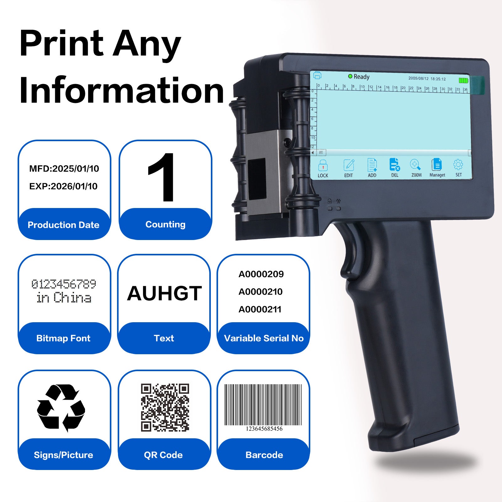 DTFinova Handheld Inkjet Printer Portable Handheld Printer with 12.7 mm print Height for Batch Number Date Logo QR Code Barcode picture printing on Any Surfaces