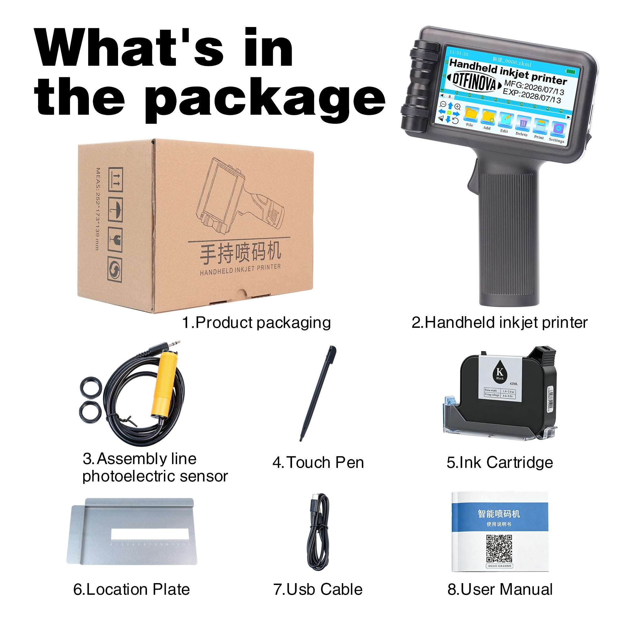 Handheld Inkjet Printer Portable Date Coder Batch Number QR Barcode for Cardboard, Plastic, Metal, Wood,Solvent fast-dry ink  Touch Screen, Rechargeable Battery