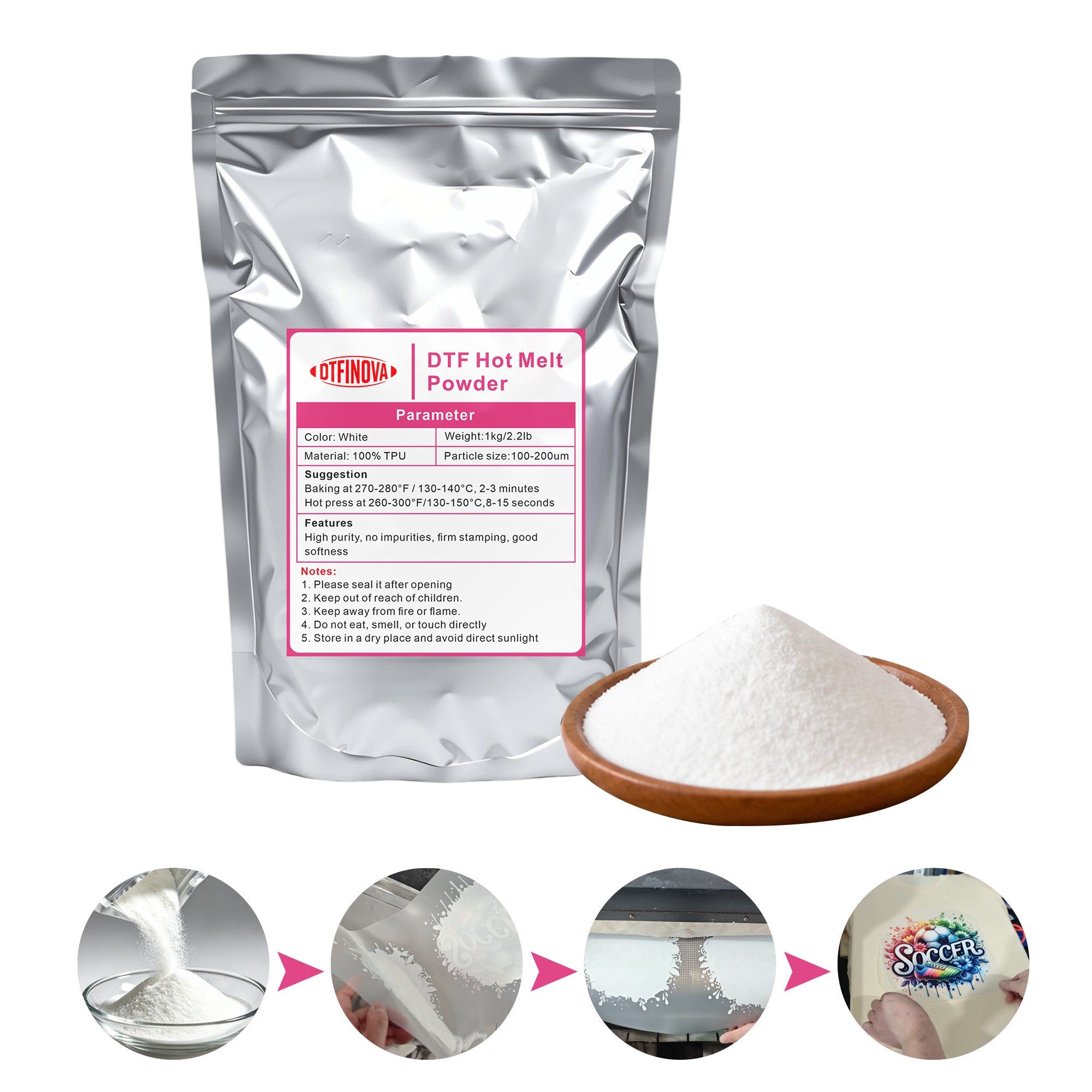 DTFinova DTF Hot Melt Powder for DTF Printer, Heat Transfer Powder for DIY T-Shirt Printing, Strong Bond & Stretchable Adhesive Powder.