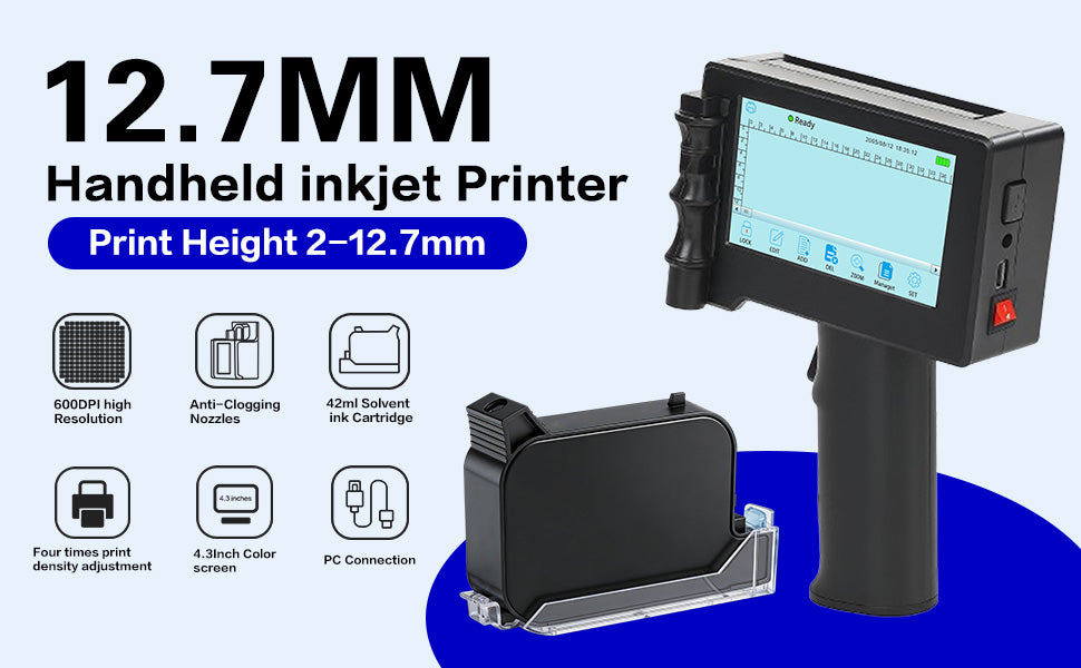 DTFinova Handheld Inkjet Printer Portable Handheld Printer with 12.7 mm print Height for Batch Number Date Logo QR Code Barcode picture printing on Any Surfaces