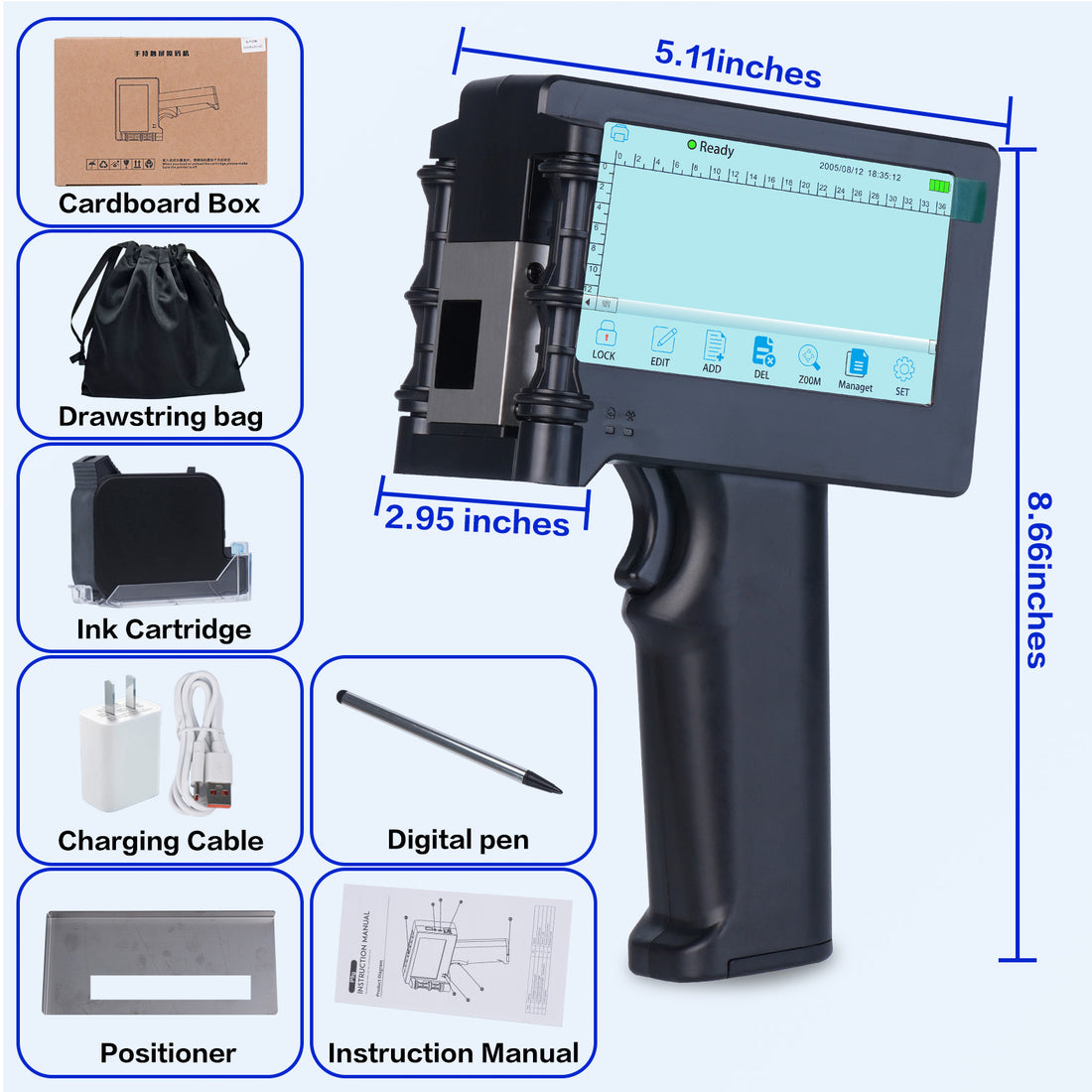 DTFinova Handheld Inkjet Printer Portable Handheld Printer with 12.7 mm print Height for Batch Number Date Logo QR Code Barcode picture printing on Any Surfaces