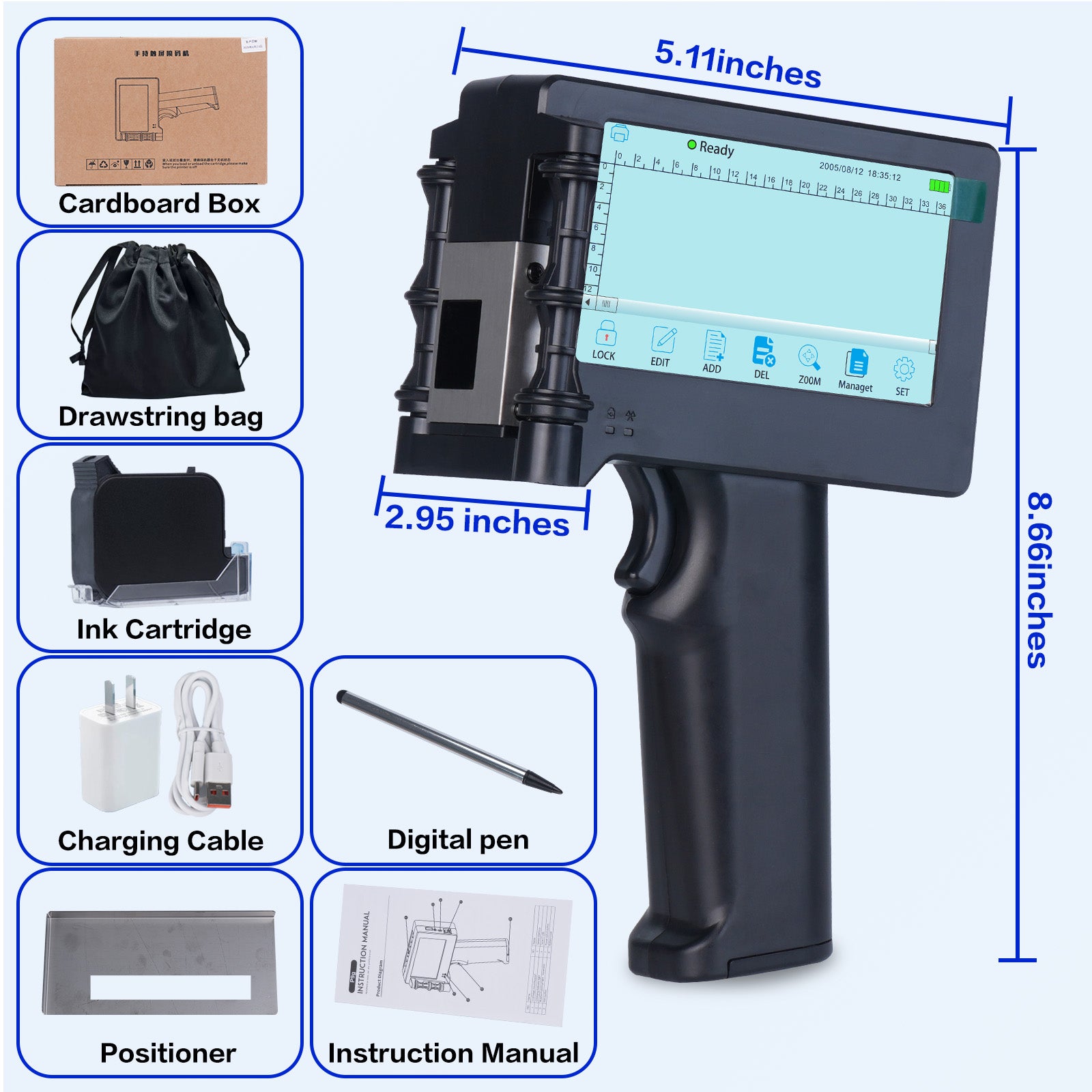 DTFinova Handheld Inkjet Printer Portable Handheld Printer with 12.7 mm print Height for Batch Number Date Logo QR Code Barcode picture printing on Any Surfaces